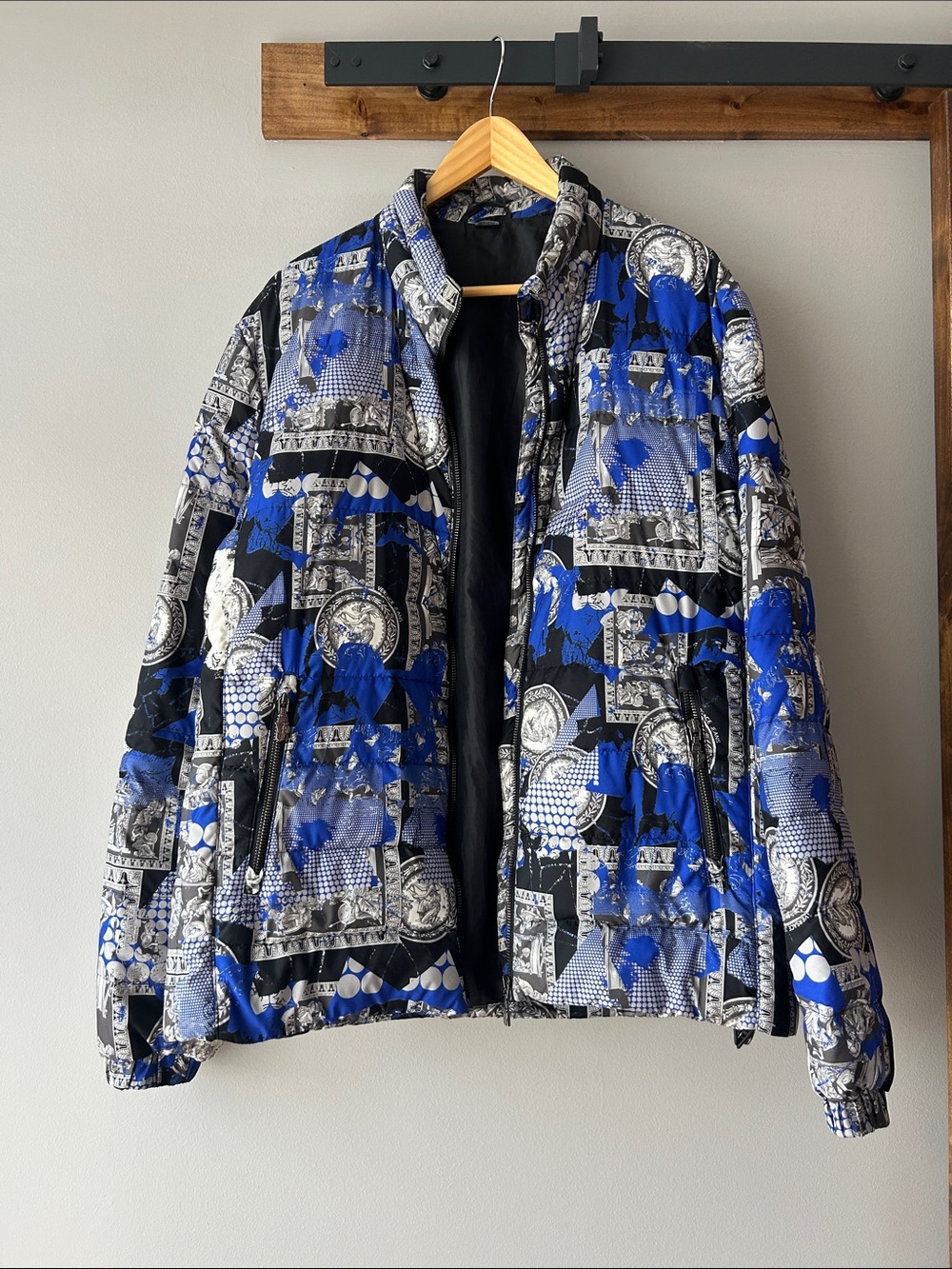 Versace Jeans Collection Blue & Black Patterned Puffer Jacket